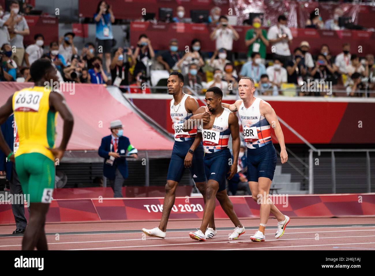 Great Britain's mens 4x100m relay team claim silver in the Tokyo olympics. Mitchell-Blake, Kitty, Utah, Hughes. Stock Photo