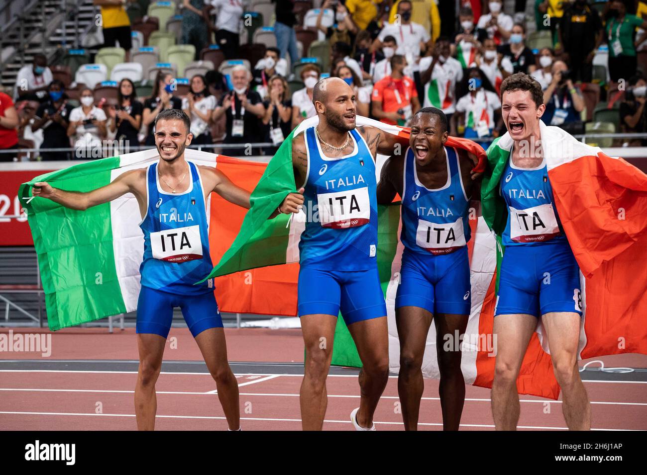 The Italian 4x100m mens team win Olympic Gold at the Tokyo 2020 Olympics. Stock Photo