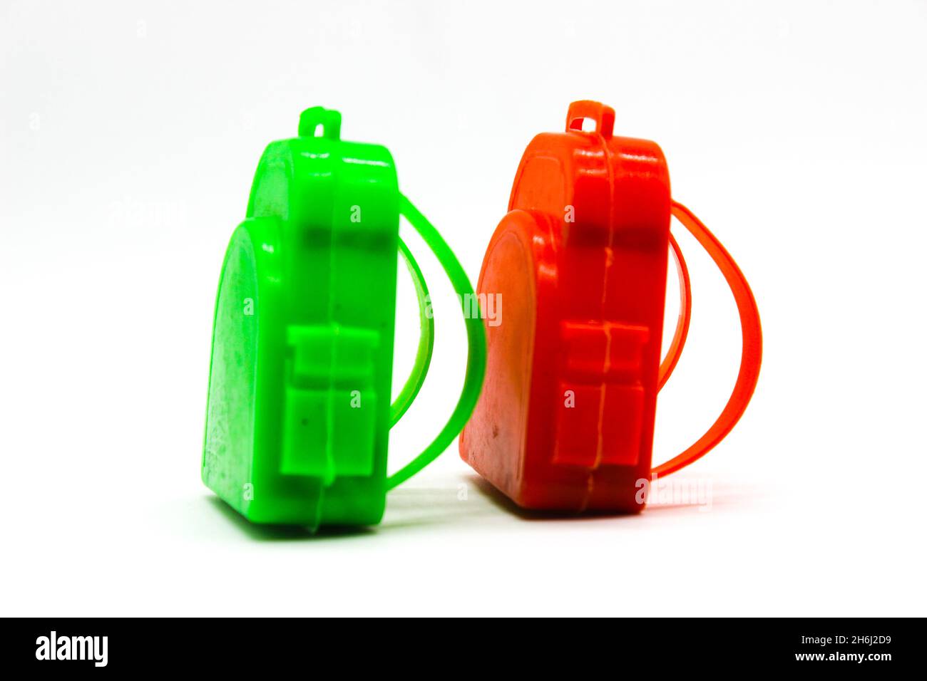 Toy bags on white background with selective focus Stock Photo Alamy
