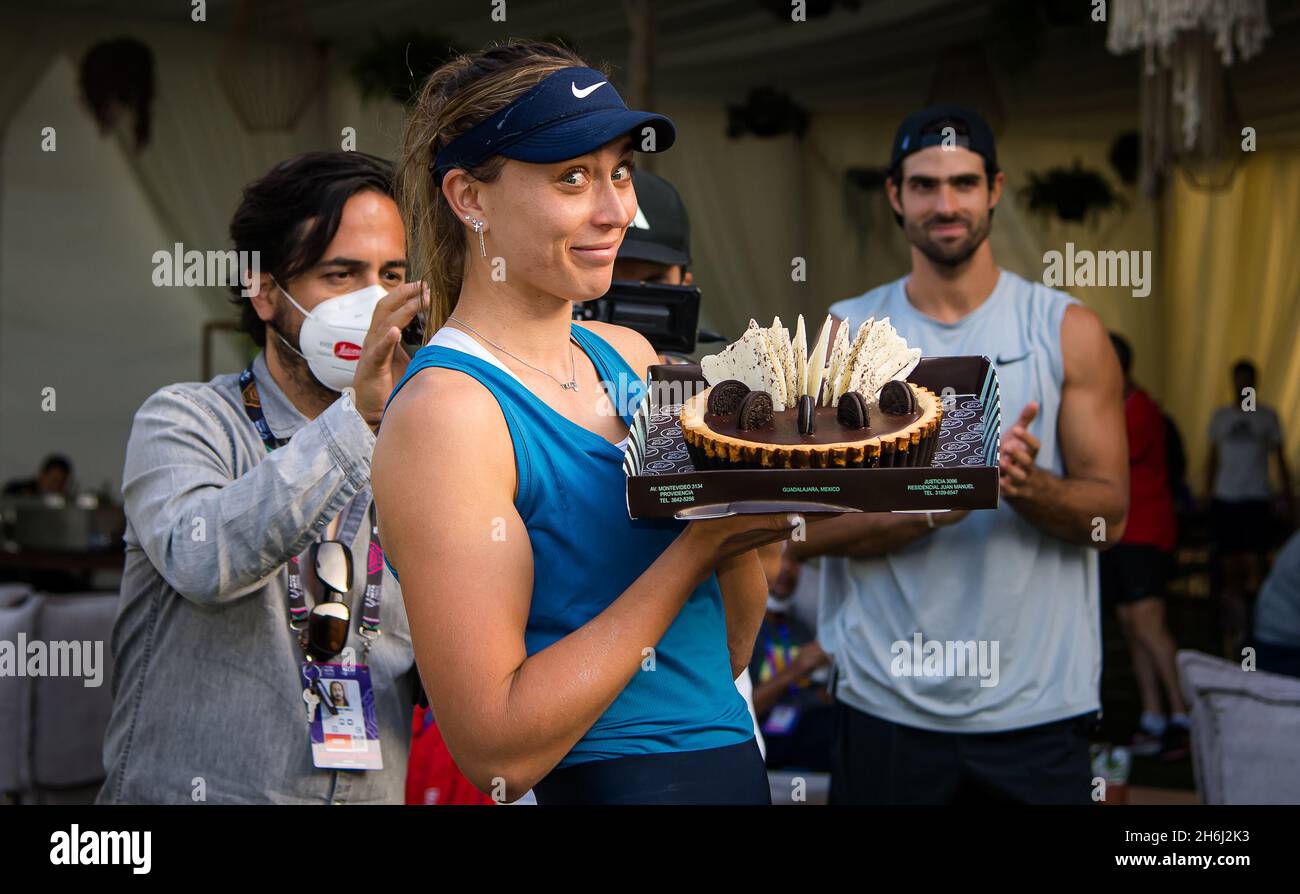 Paula Badosa of Spain receives a birthday cake at the 2021 Akron WTA