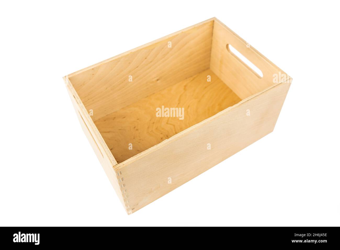 Wooden empty box isolated on white background. Stock Photo