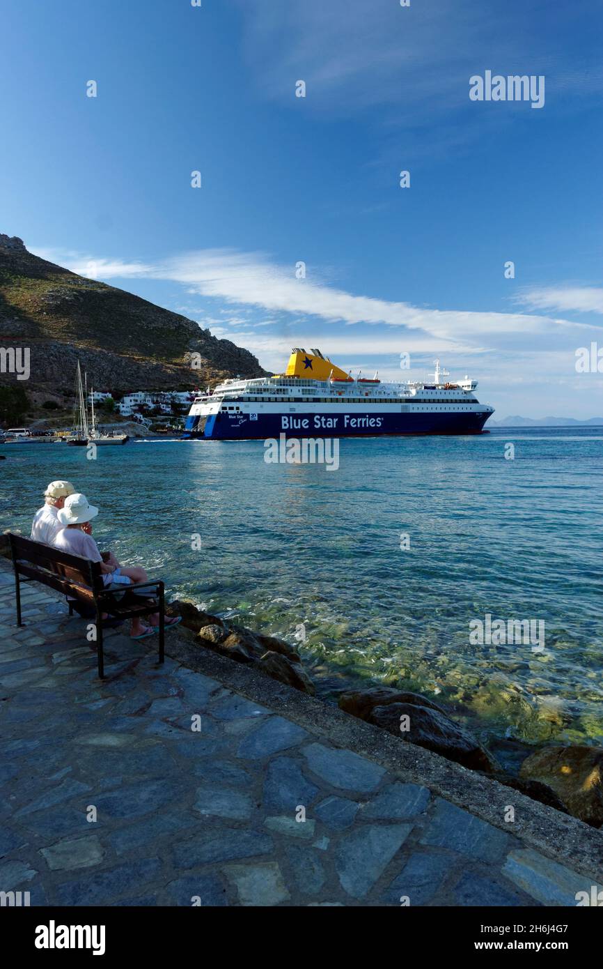 Blue Star Ferries ship The Chios arriving at  Livadia harbour, Tilos, Dodecanese islands, Southern Aegean, Greece. Stock Photo