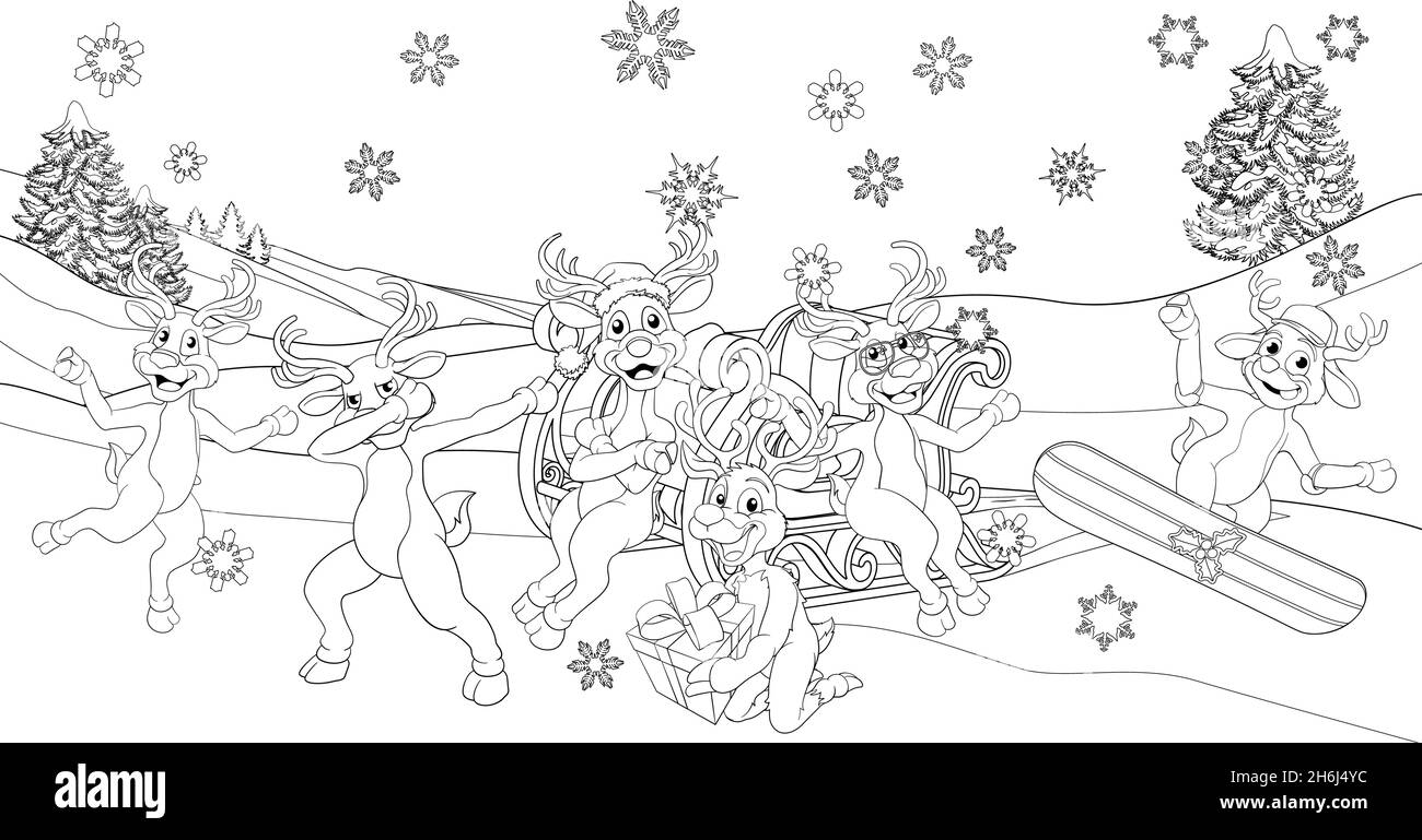 santa reindeer sled coloring 2021 Stock Vector