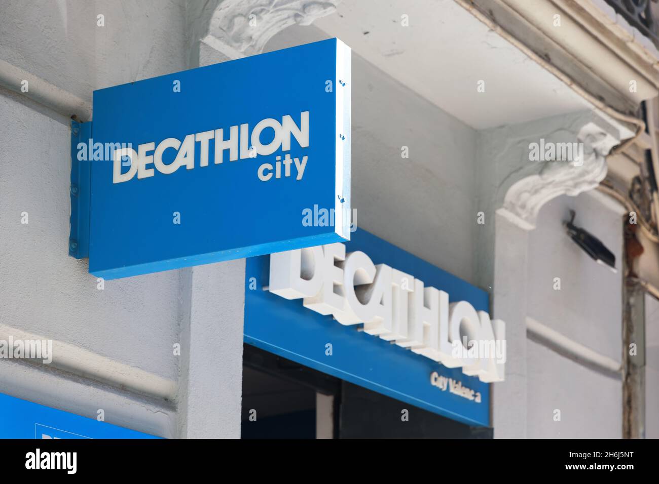 VALENCIA, SPAIN - NOVEMBER 15, 2021: Decathlon is a French sporting goods retailer Stock Photo