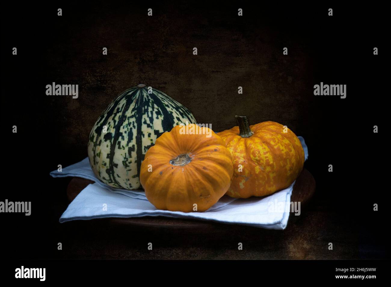 Squashes, pumpkins with serviette still life. Stock Photo