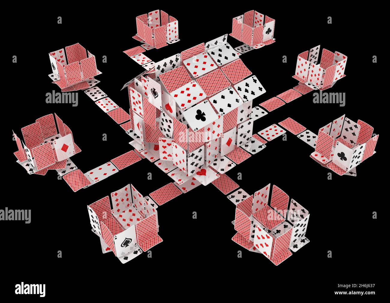 Cards house game gambling abstract outside boxes connected, 3d illustration, horizontal, over black, isolated Stock Photo