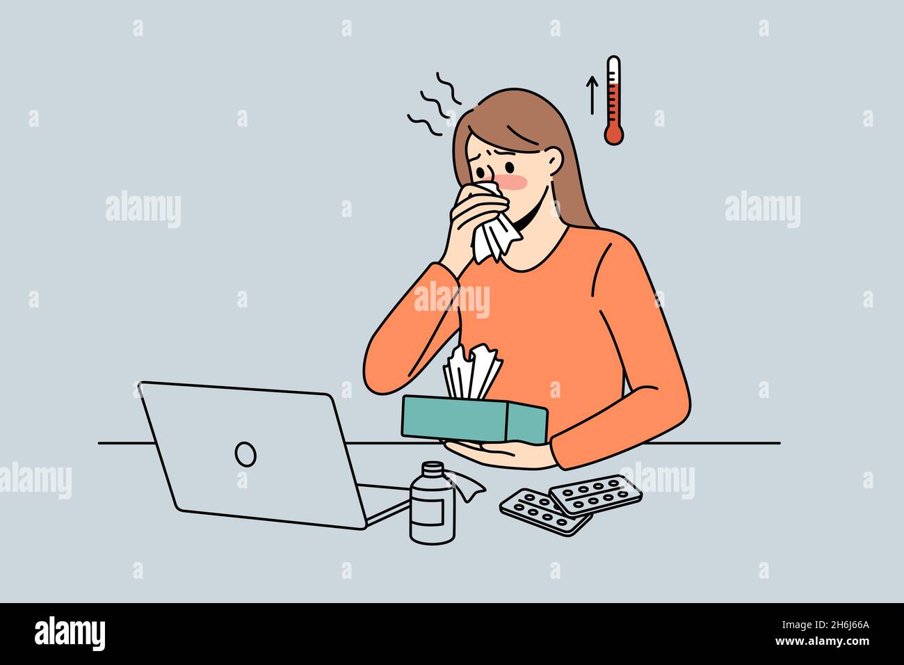 Feeling fever and ill concept. Young woman worker cartoon character sitting  in office at laptop having high temperature and sick vector illustration  Stock Vector Image & Art - Alamy