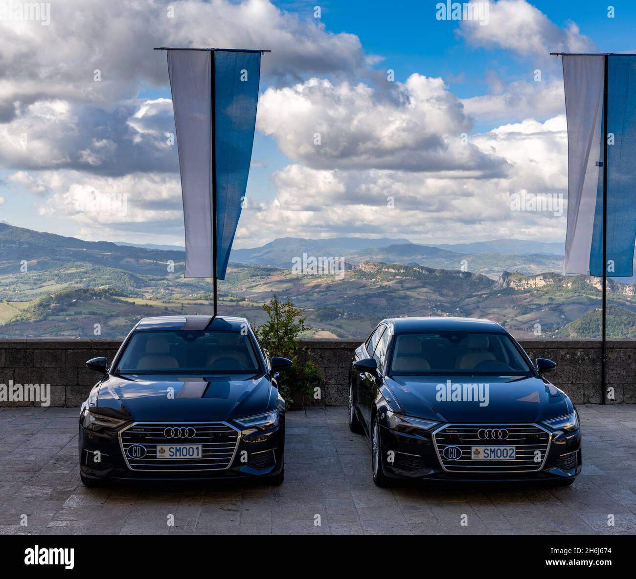 San Marino, San Marino - 14 October, 2021: view of the cars of the two captain regents of the Republic of San Marino parked outside the governmental p Stock Photo
