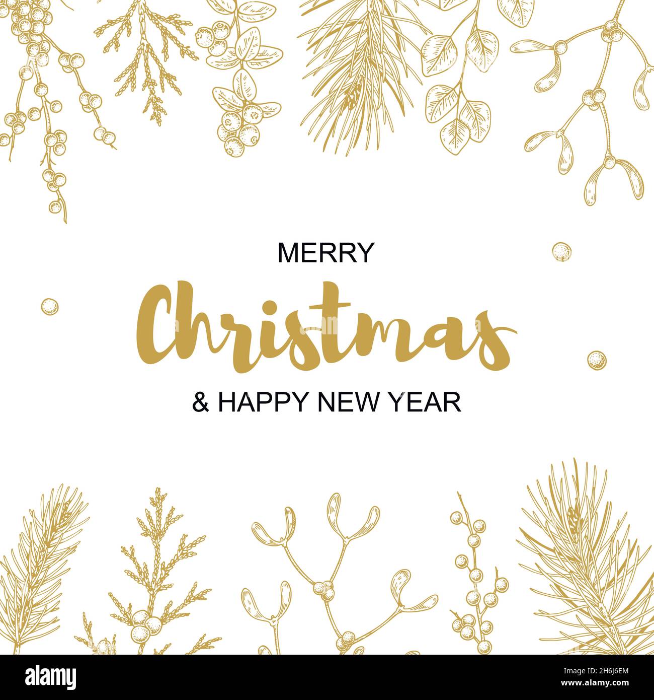 Merry Christmas and happy New Year greeting card with floral elements ...