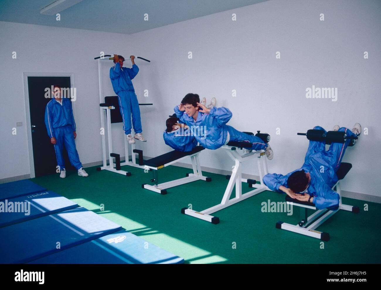 Italian national tennis team during gym training at Cesenatico Tennis Club, 1990s Stock Photo