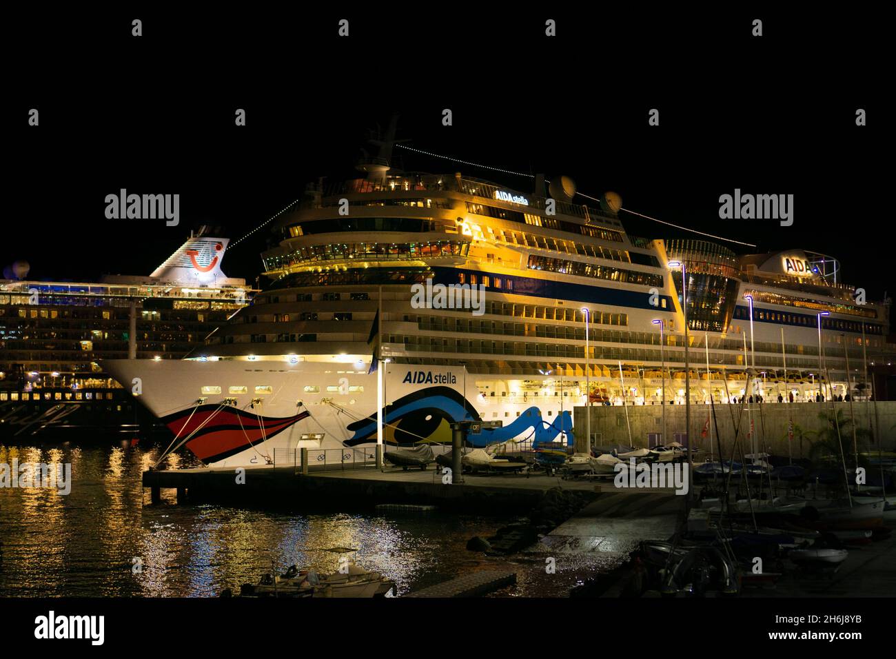 FUNCHAL, PORTUGAL - Dec 17, 2019: A night view of the cruise ship AIDA Stella in the port. Funchal, Madeira, Portugal Stock Photo
