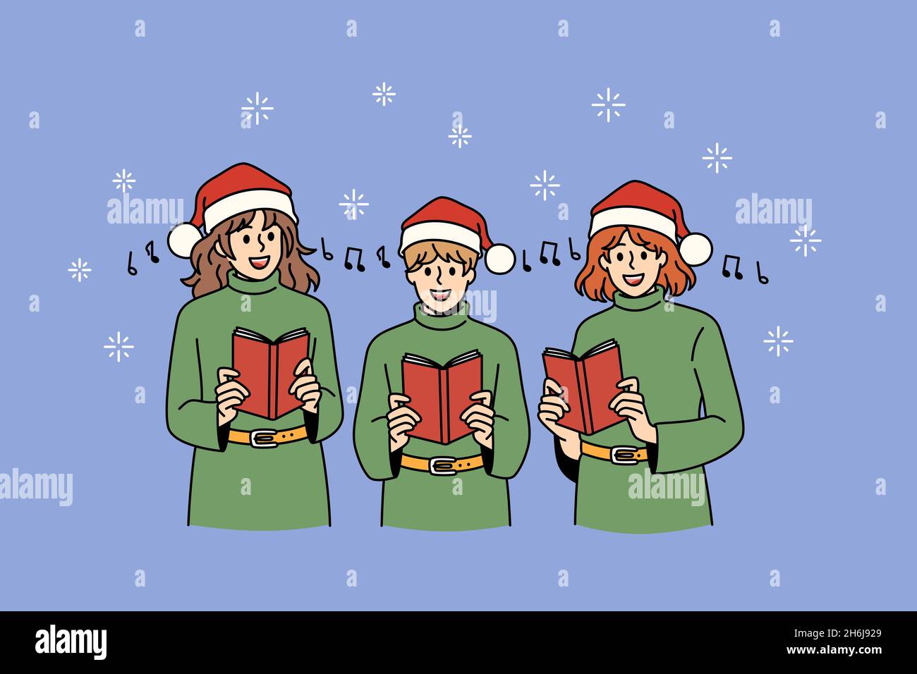 Gospel and Christmas celebration concept. Group of children teens in green sweaters and santa hats standing and singing traditional songs for holiday vector illustration  Stock Vector