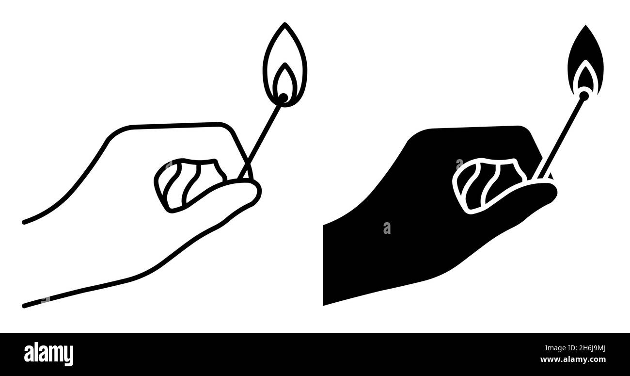 Linear icon. Man hand holds burning match. Careful handling of fire
