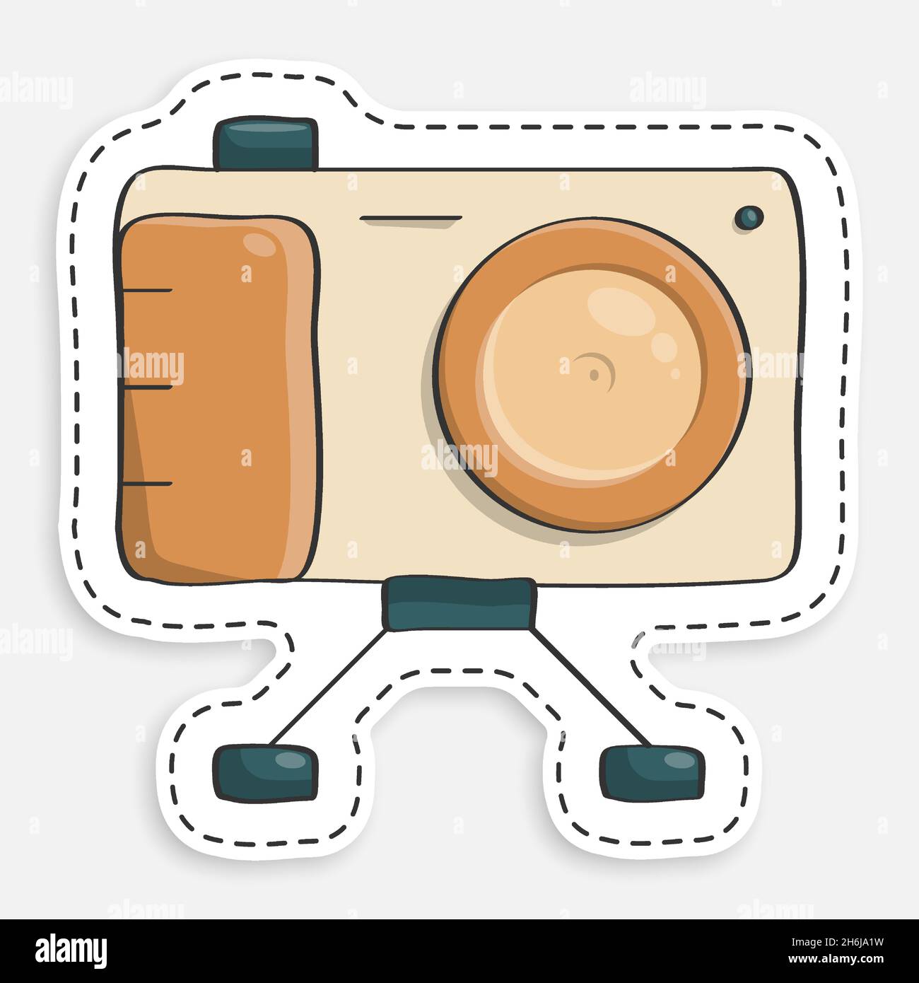 cartoon icon of doodle camera on stand, equipment for photography and selfie. World Photography Day August 19th. Vector isolated on white background Stock Vector