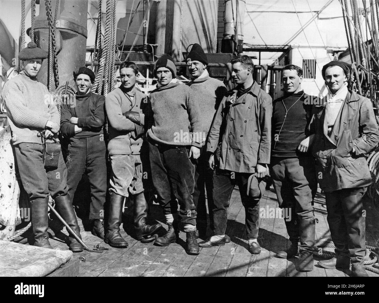 Officers of the Terra Nova. From left to right: James R. Dennistoun, Alfred Buchanan Cheetham, Henry E. De P. Rennick, Francis R.H. Drake, William Williams, Henry Lewin Lee Pennell, Wilfred Montague Bruce, Denis Gascoigne Lillie. Stock Photo