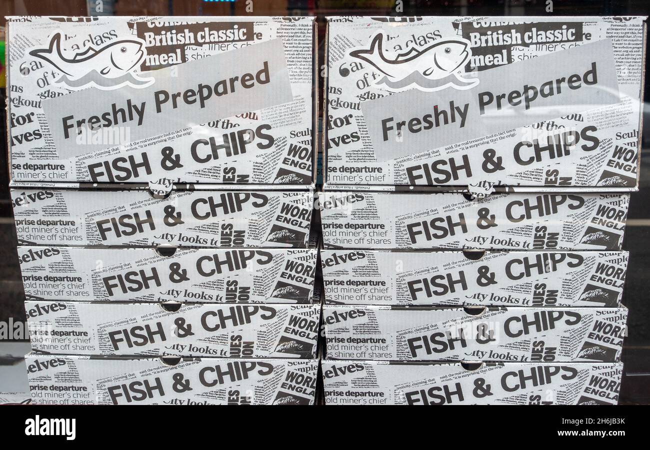 Display Of Fish And Chips Take Away Boxes In A Fish And Chip Shop