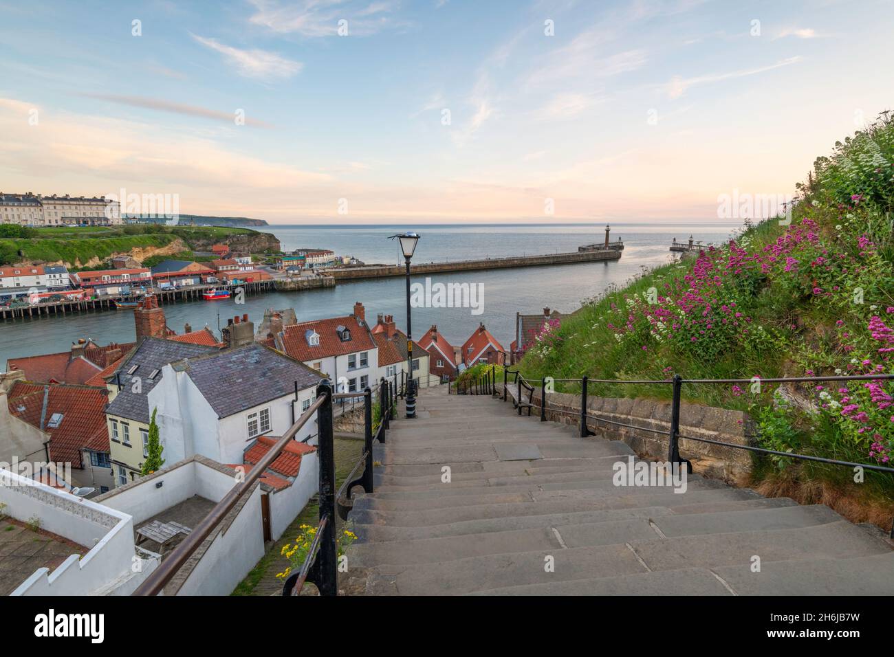 A view of the famous 199 Steps leading down to Whitby Harbour Stock Photo