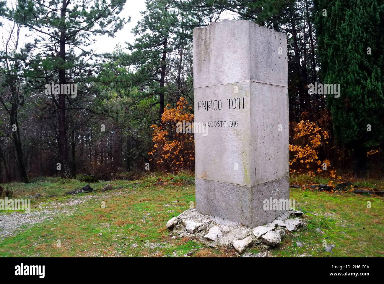 WWI. Friuli Venezia Giulia, Italy. Monfalcone : 'Quota 85', also called  'Quota Enrico Toti'. The stone in memory of the one-legged cyclist of the  Corps of 'Bersaglieri' Enrico Toti. He died during