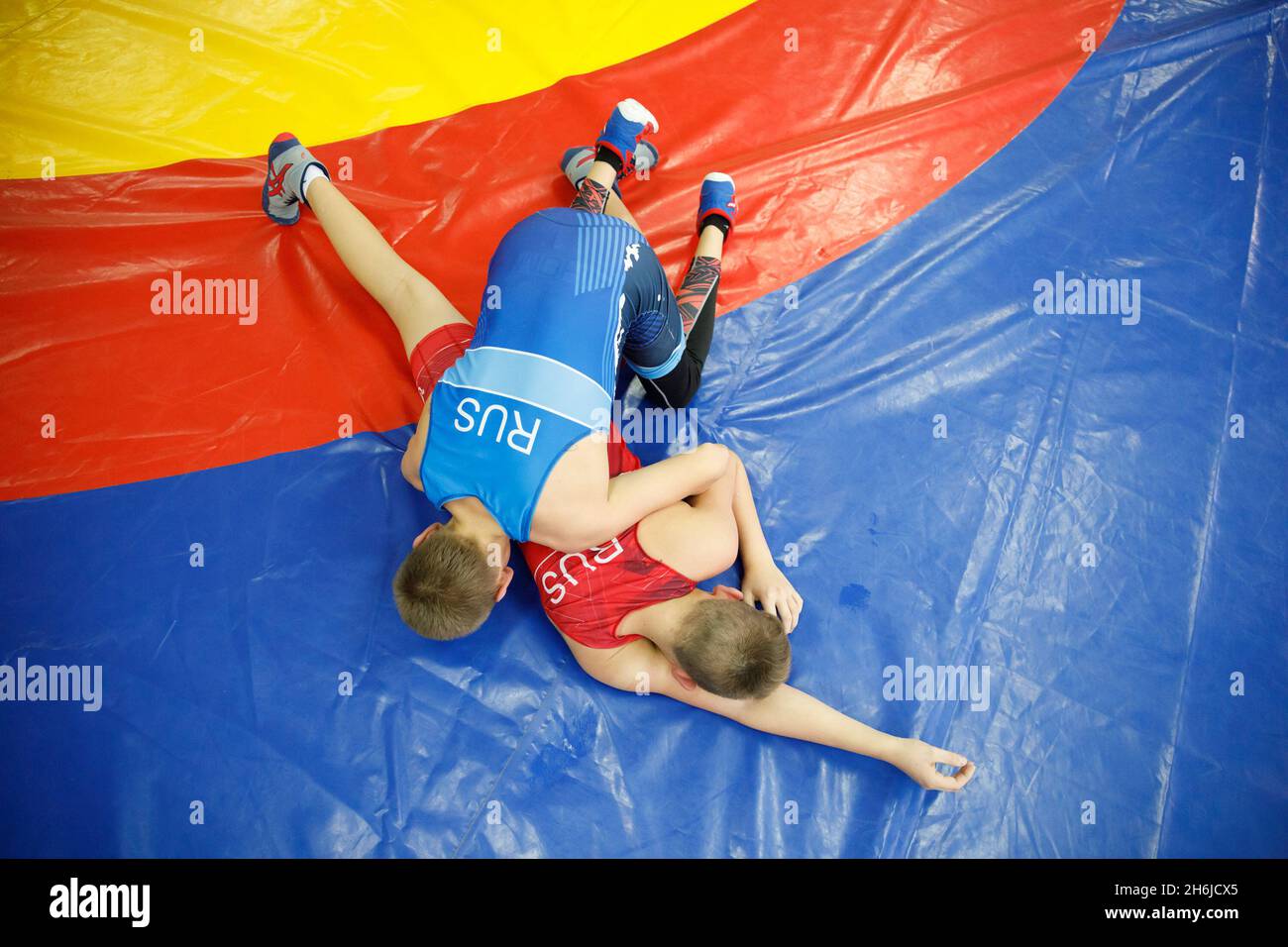 Novomoskovsk, Russia - October 12, 2021 Greco Roman wrestling training for boys. Stock Photo