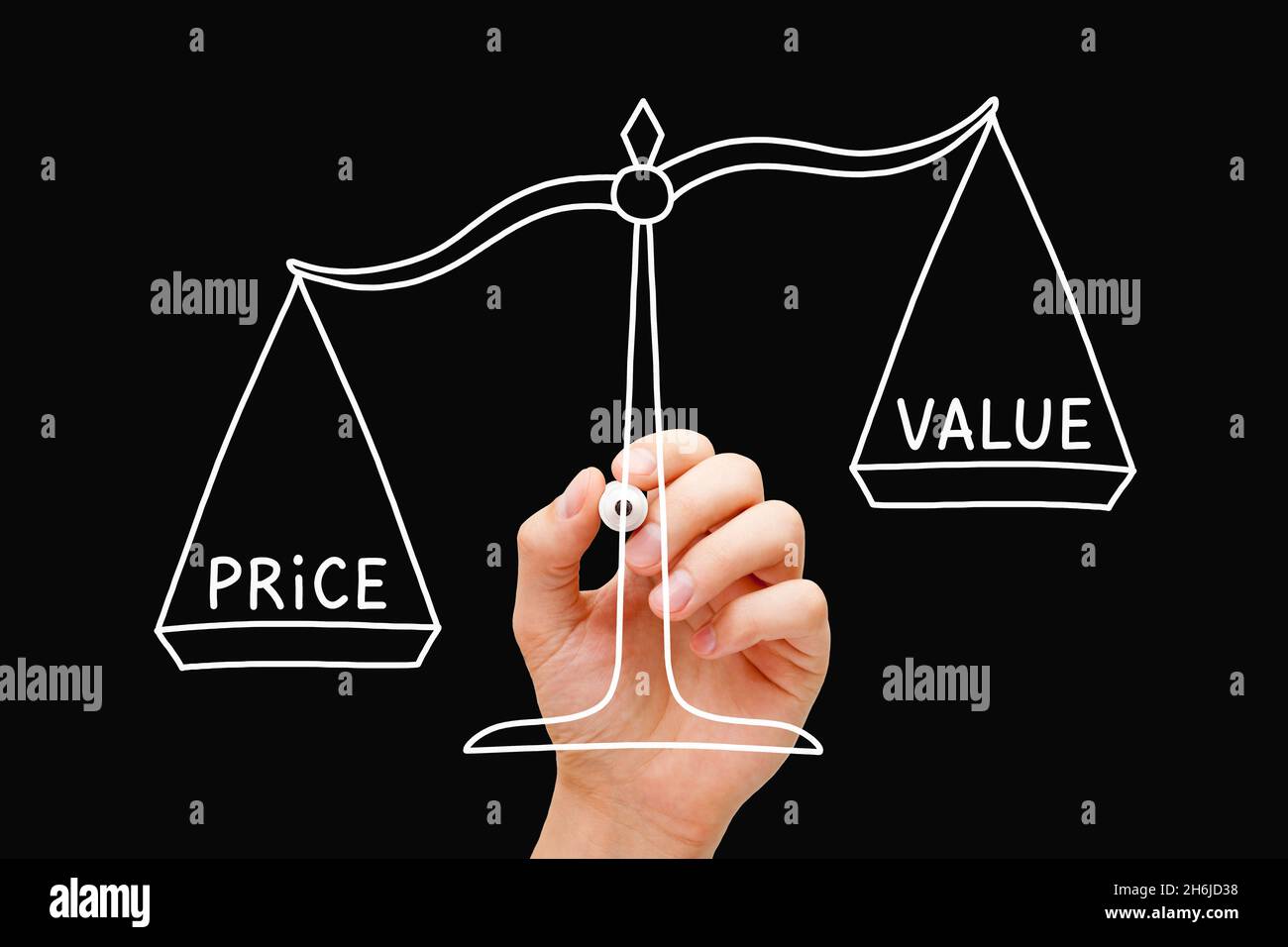 Hand drawing Price Value scale business concept with white marker isolated on black background. High price, Low value. Stock Photo