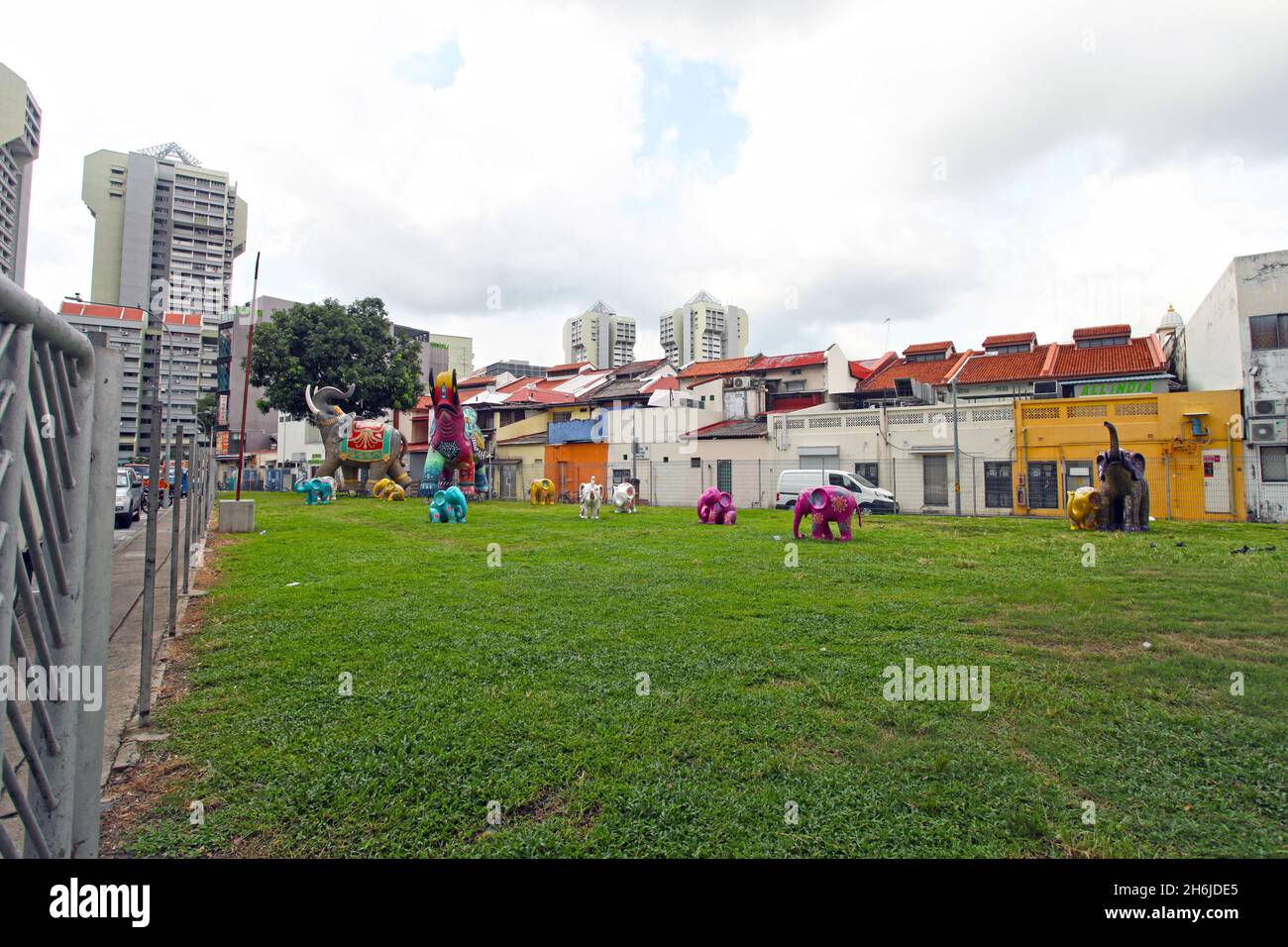 Small Open Park at Hindoo Road is a public park with colourful elephant sculptures in Little India, Singapore. Stock Photo