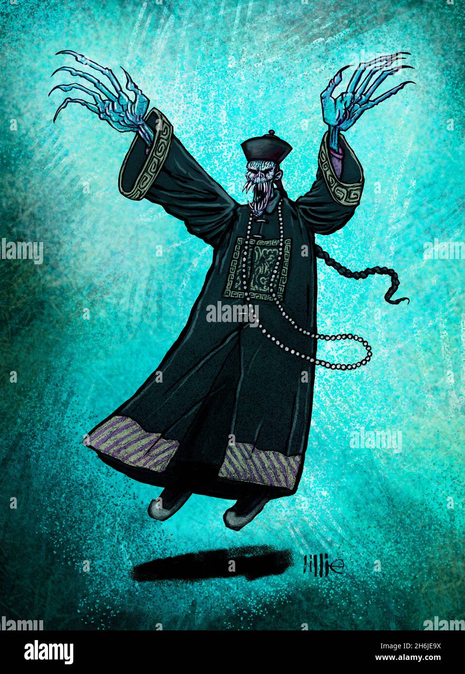 Art illustration of a Chiang Shih or jiangshi, a Chinese hopping vampire, or reanimated corpse depicted in legend, folklore, literature, TV and film. Stock Photo