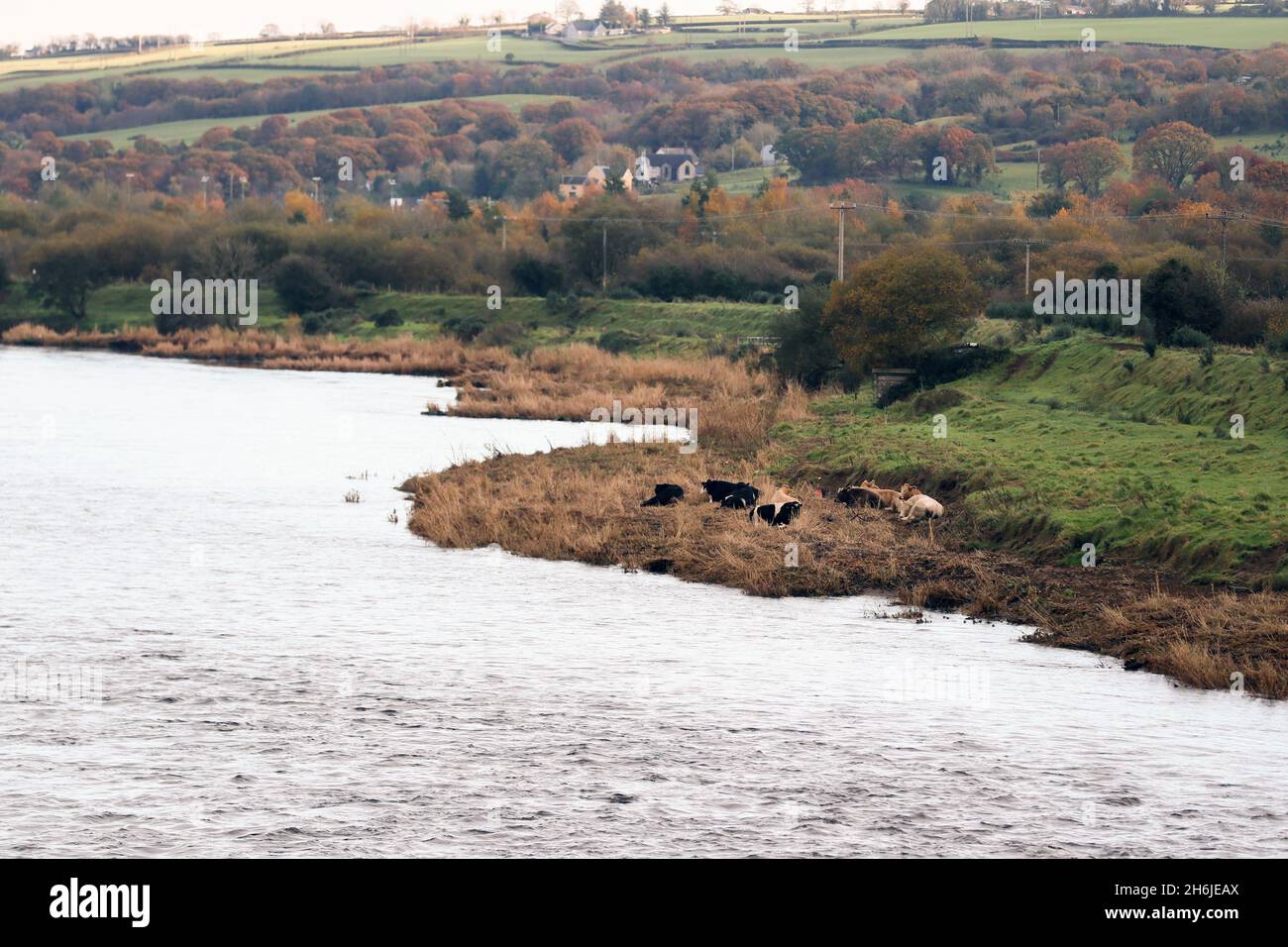 The Irish Border between Strabane(NI) and Lifford(RoI) which crosses the River Foyle. Stock Photo