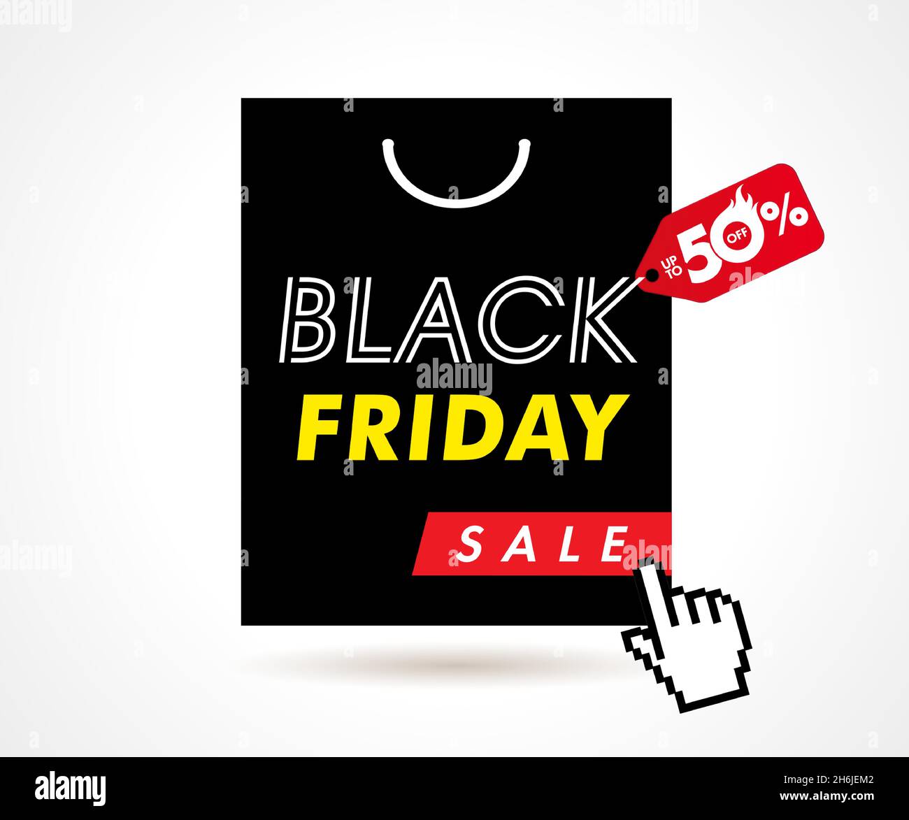 Black Friday sale bag shopping with 50% off label. Special offer text with red tag for best buy template. Autumn advertising vector illustration Stock Vector