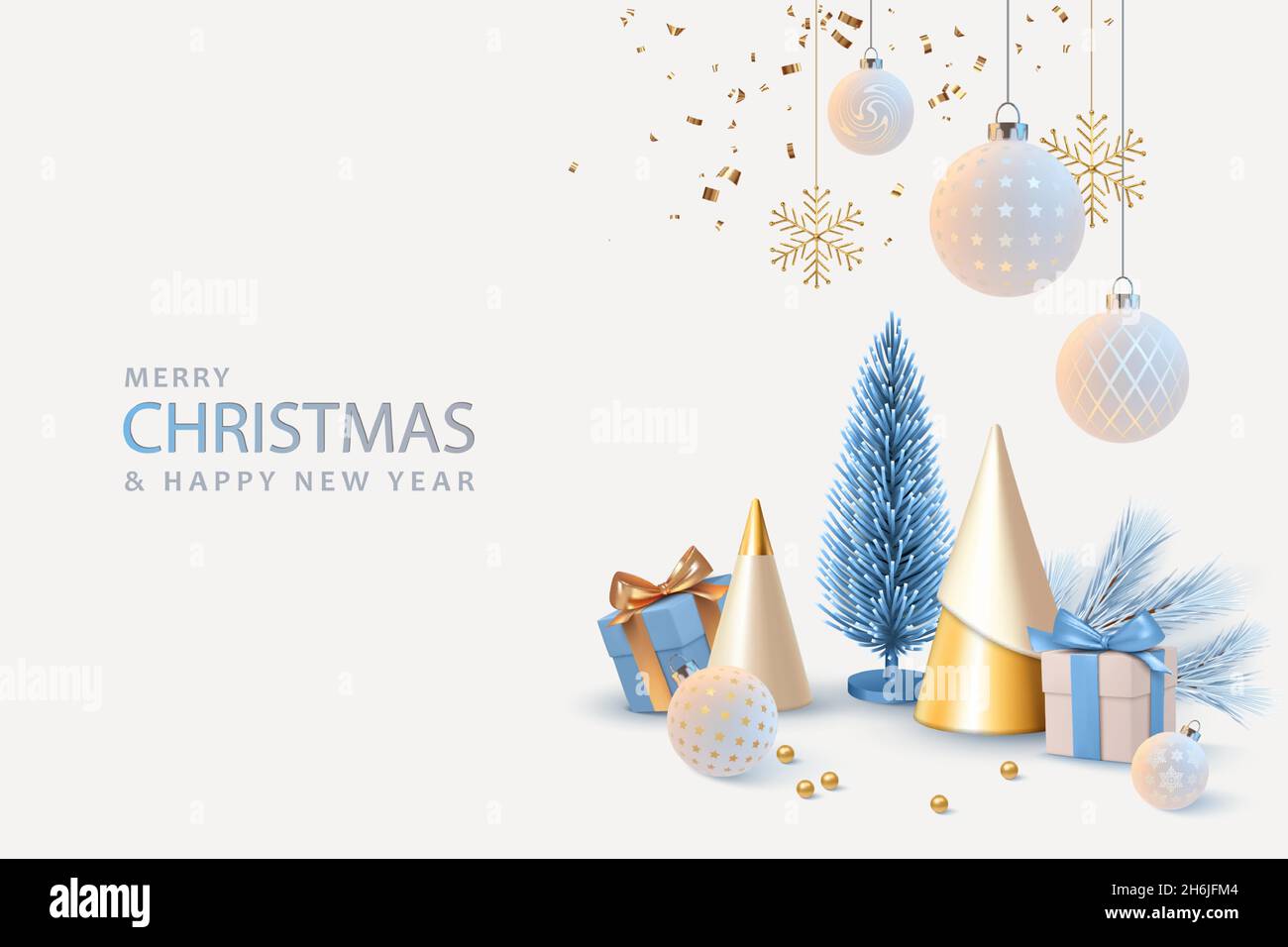 Christmas and New Year realistic banner. Christmas composition of golden cone-shaped and foil Christmas trees. Gifts and traditional decorations on a Stock Vector