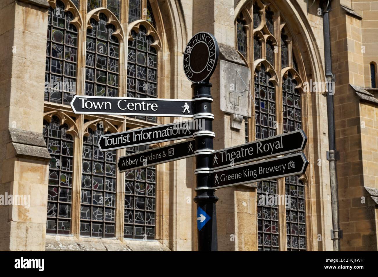 Sign post at Bury St Edmunds showing points of interest, Suffolk, England. Stock Photo