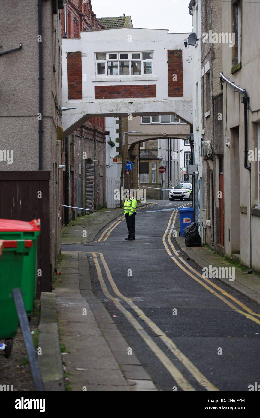 Morecambe, United Kingdom. 16th Nov, 2021. A 13 year old boy from Lancaster has been arrested on suspicion of Attempted Murder and remains in custody whilst, Lancashire Police continue to examine the scene of last nights shooting in Morecambe after reports of a fire arm being discharged shortly before 6.00 pm the victim was taken to hospital where his condition was described as serious but stable Coincidence that the incident took place where scenes from the bay where filmed Credit: PN News/Alamy Live News Stock Photo