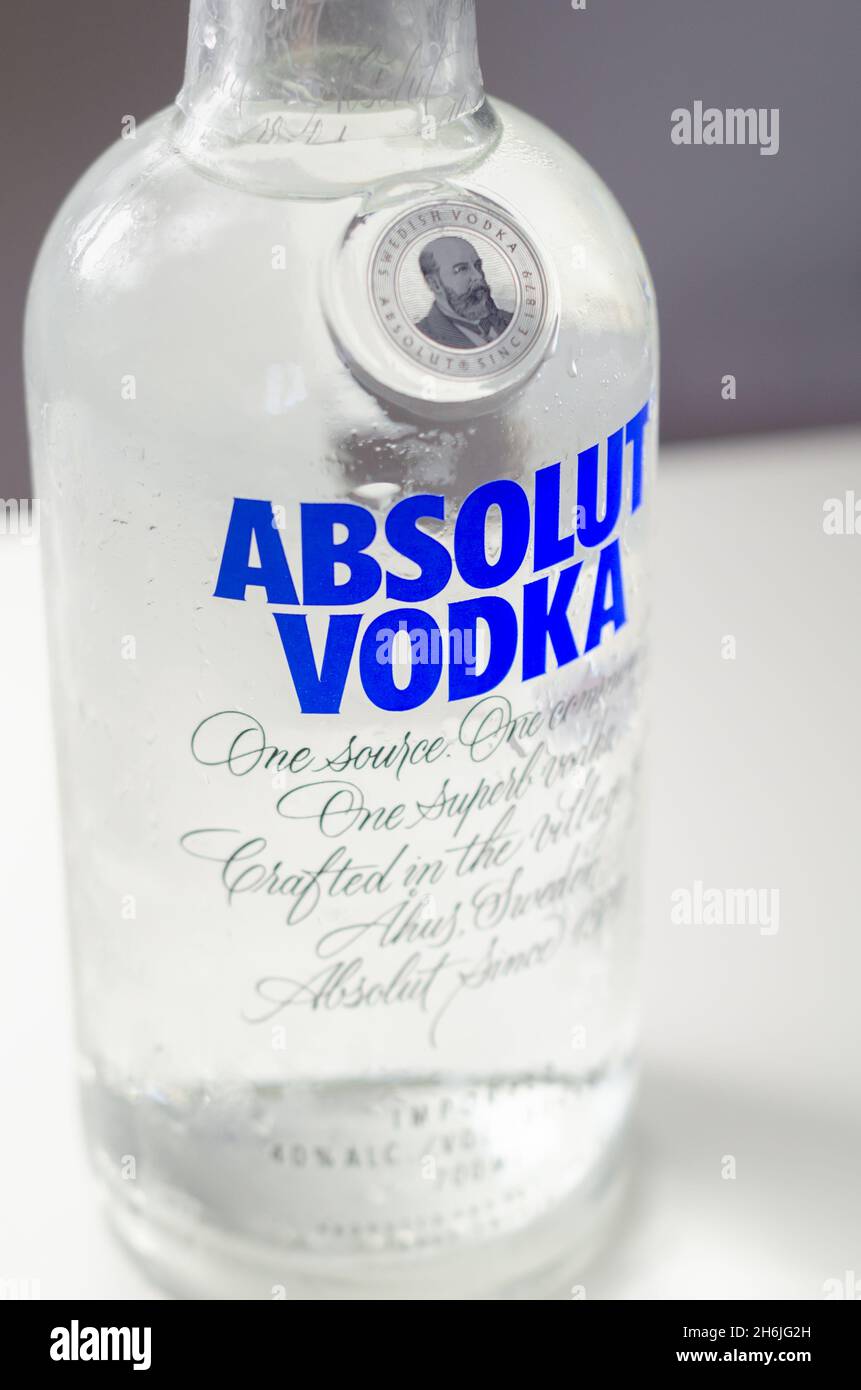 LONDON, UNITED KINGDOM - AUGUST 20, 2021 Bottle of Absolut vodka blue,  produced from winter wheat and deep waters, crystal clear vodka from  southern S Stock Photo - Alamy