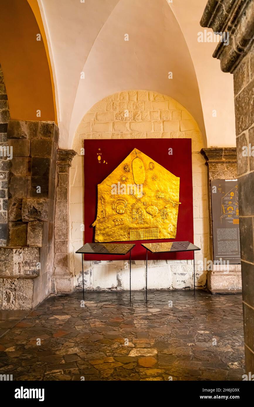 Golden plate of Inca star map at the interior wall of Coricancha, the Inca's  Temple of the Sun in Cusco, Peru. Stock Photo