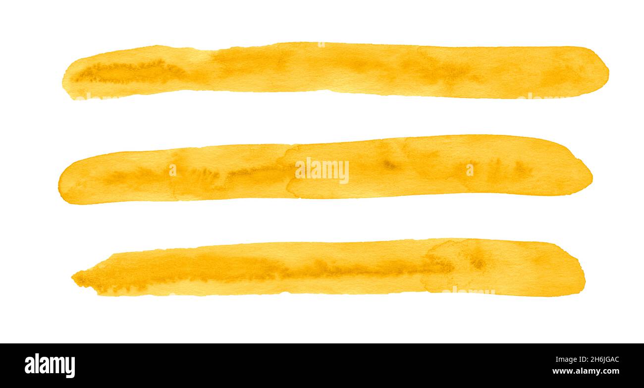 Three longitudinal brush strokes of watercolor yellow paint, abstract background for design. Stock Photo
