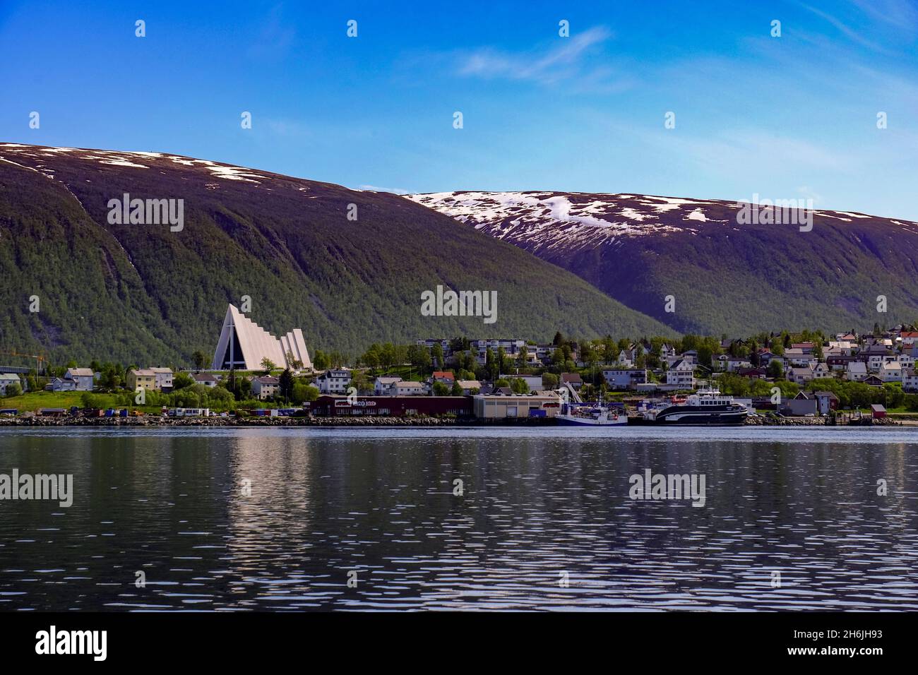 Tromsdalen Church (The Arctic Cathedral) seen in the distance, Tromso, Norway, Scandinavia, Europe Stock Photo