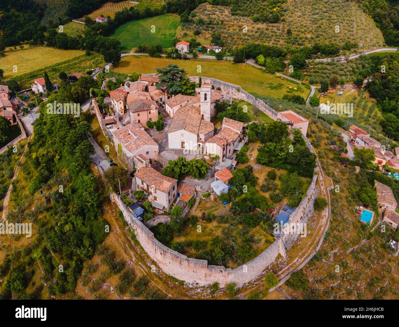 Aerial view of Campello Alto, Campello sul Clitunno, Perugia, Umbria, Italy, Europe Stock Photo