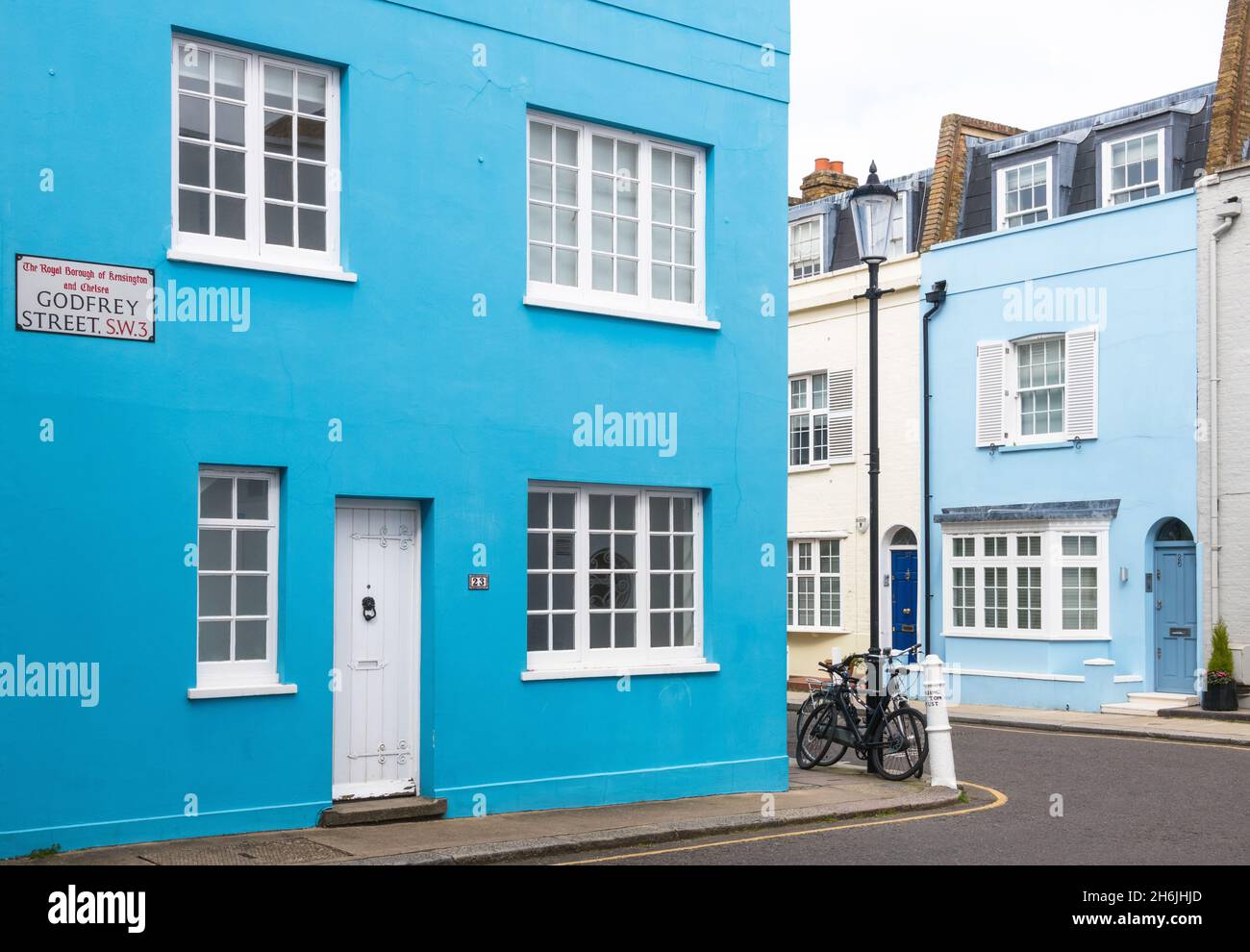 Blue houses on Godfrey Street, Chelsea, London, England, United Kingdom