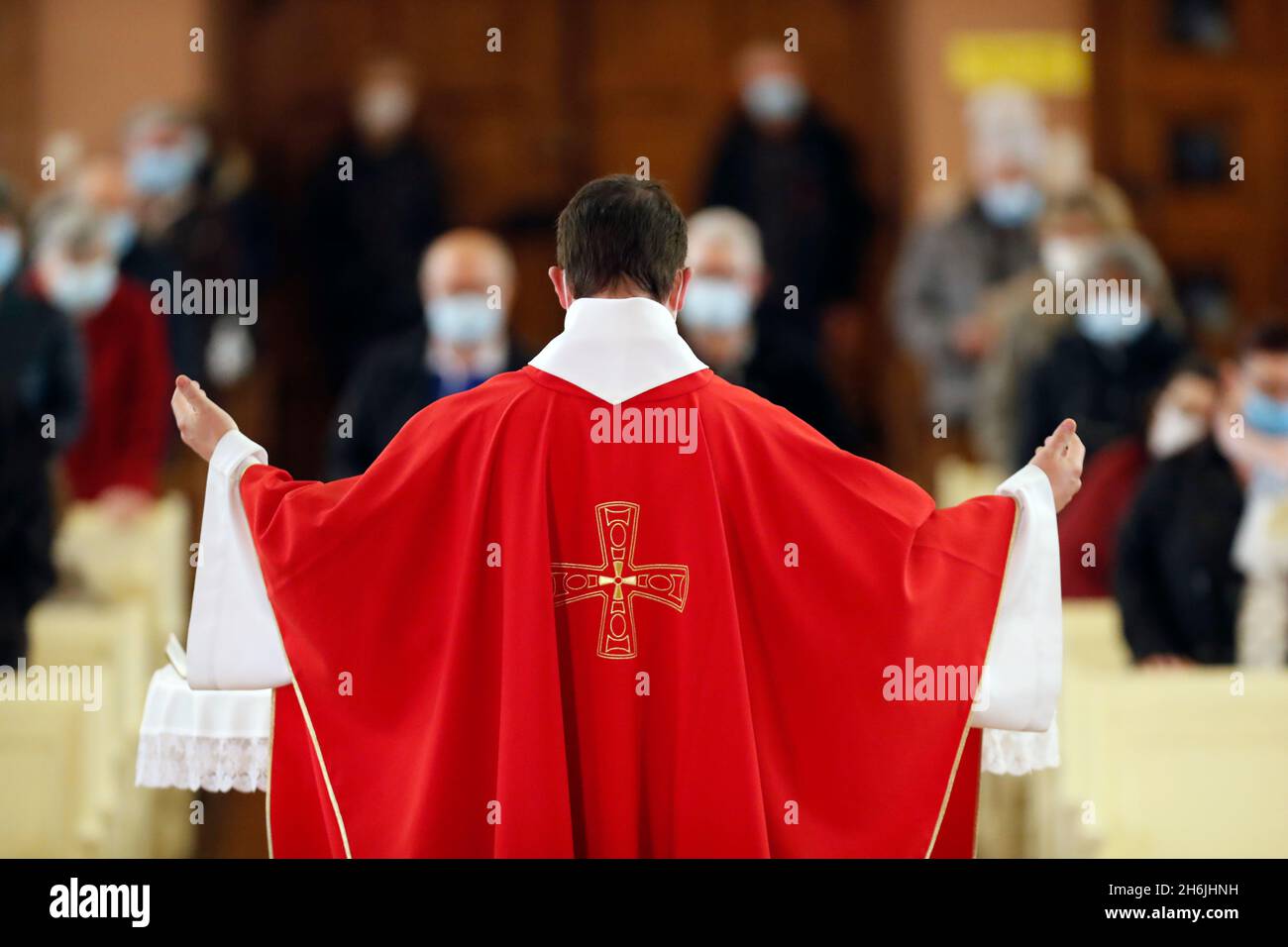 Catholic Mass, Holy week, Eucharist celebration, Saint Joseph des Fins Church, Annecy, Haute-Savoie, France, Europe Stock Photo