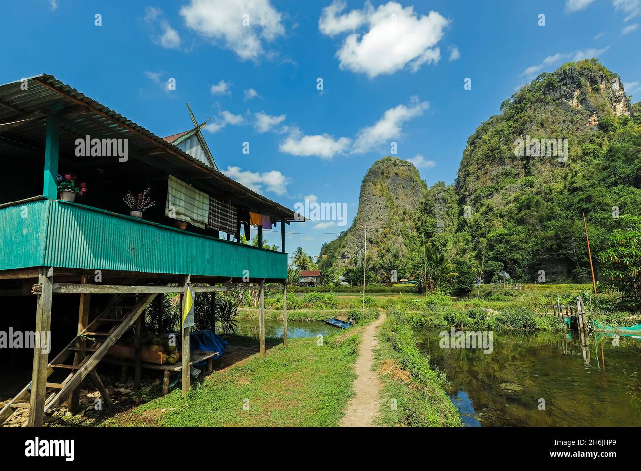 Stilt house, fish pond, limestone peaks, Rammang village, karst region, Rammang-Rammang, Maros, South Sulawesi, Indonesia, Southeast Asia, Asia Stock Photo