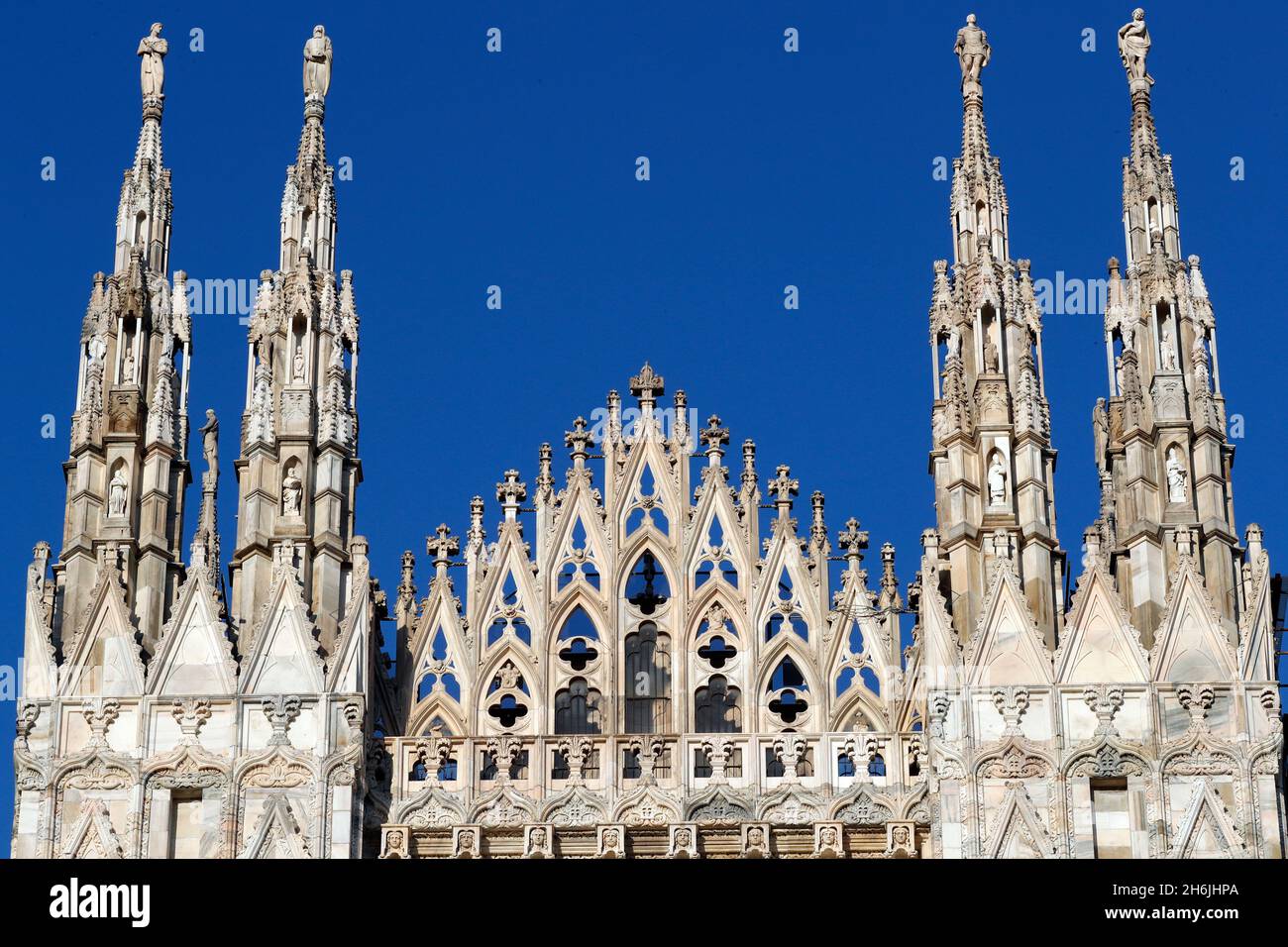 Milan Cathedral. The west facade of the Duomo. The Gothic style cathedral is dedicated to St Mary. Italy. Stock Photo