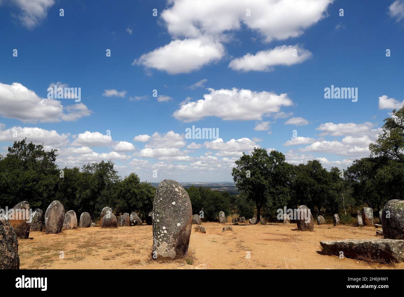 The Cromlech of the Almendres, a megalithic complex, one of largest existing group of structured menhirs in Europe, Evora, Alentejo, Portugal, Europe Stock Photo
