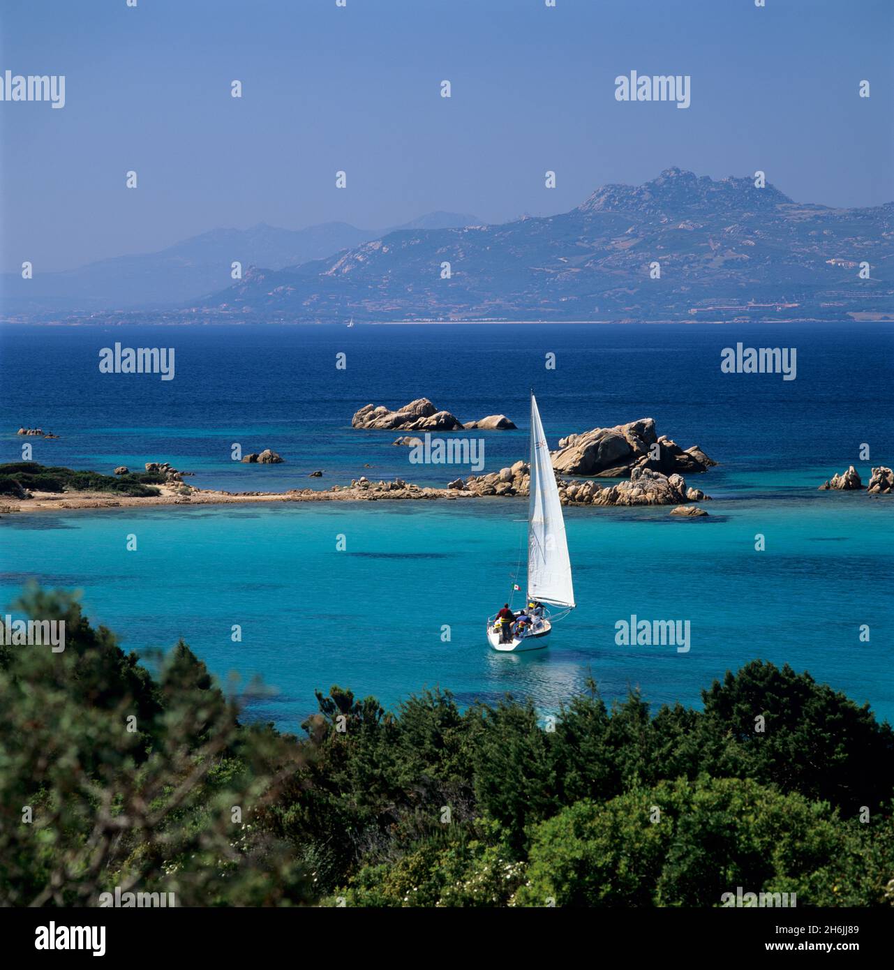 Yacht sailing on the Golfo di Arzachena, Costa Smeralda, Sardinia, Italy, Mediterranean, Europe Stock Photo