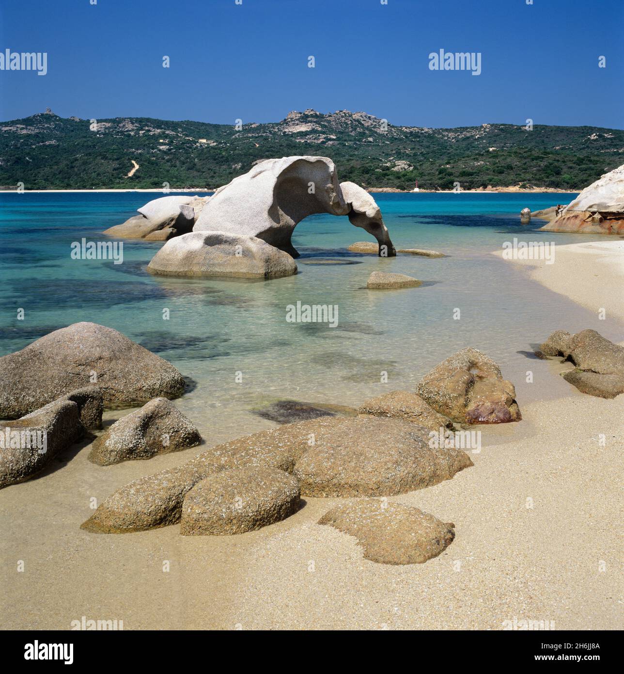 Spiaggia dell Elefante beach and the elephant rock, Cala di Volpe, Costa Smeralda, Sardinia, Italy, Mediterranean, Europe Stock Photo