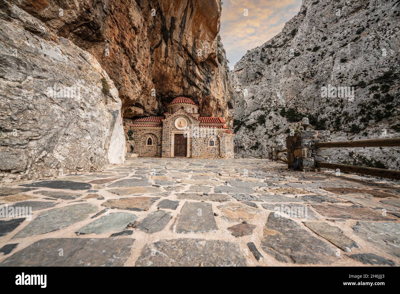 Orthodox chapel Agios Nikolaos nestled in rocks in Kotsifou canyon, Crete island, Greek Islands, Greece, Europe Stock Photo