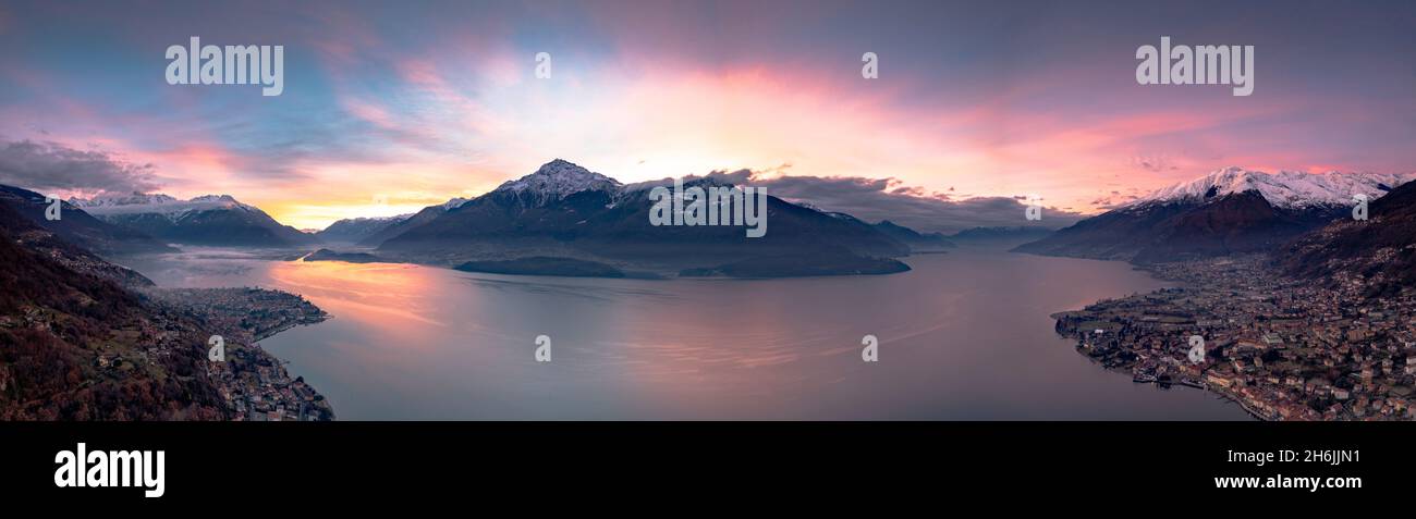 Aerial panoramic view of Gravedona and Domaso towns on shores of Lake Como at sunrise, province of Como, Lombardy, Italian Lakes, Italy, Europe Stock Photo