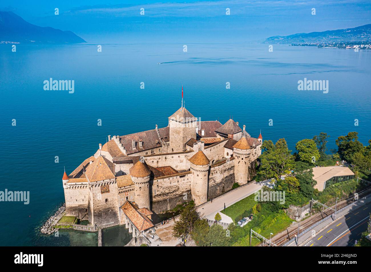 Aerial of Chillon Castle, Lake Geneva, Switzerland, Europe Stock Photo