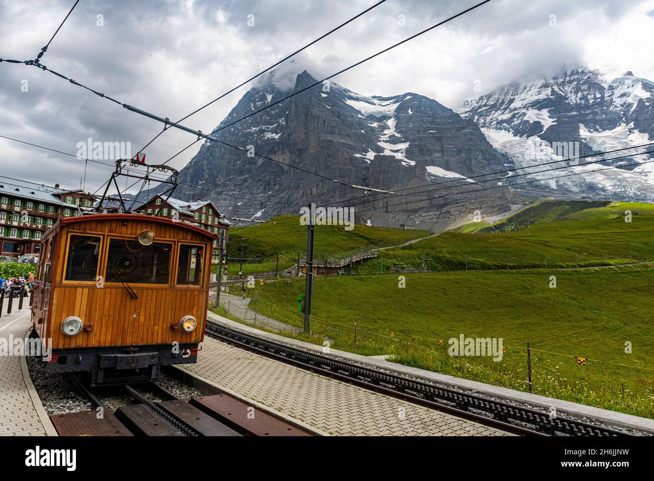 The Jungfrau railway below the Eiger North Face, Kleine Scheidegg, Bernese Oberland, Switzerland, Europe Stock Photo
