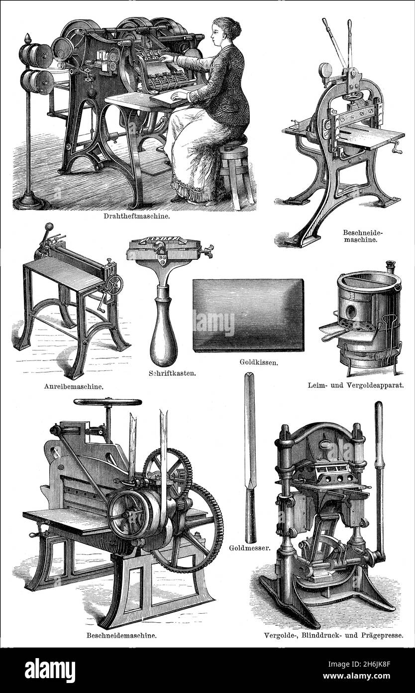 Examples of book binding and book binding tools and machinery from the 18th  and 19th centuries Stock Photo - Alamy