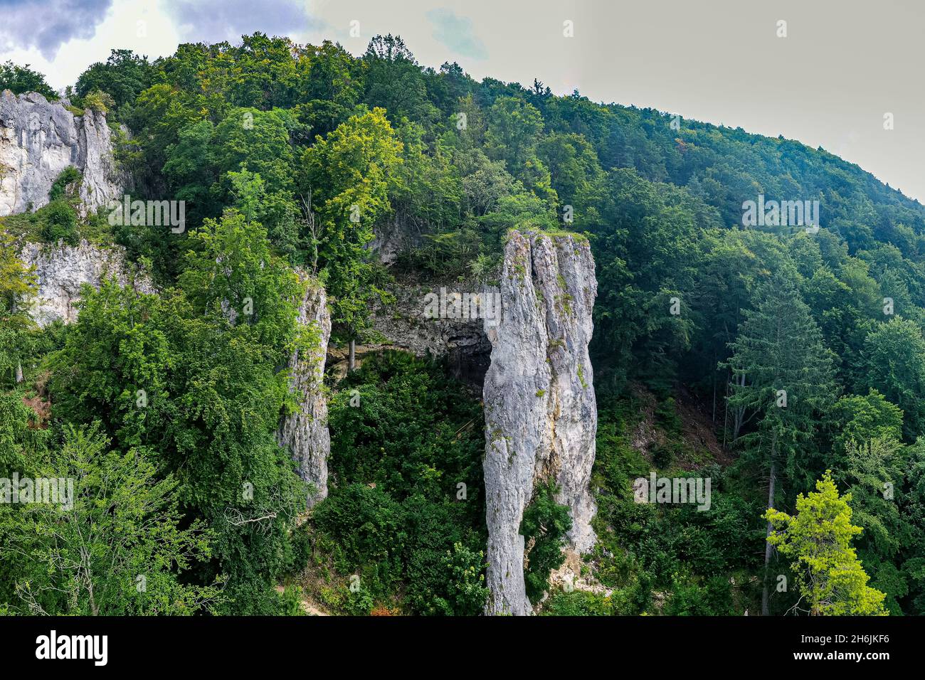 Aerial of the Geissenkloesterle, UNESCO World Heritage Site, Caves and Ice Age Art in the Swabian Jura, Baden-Wurttemberg, Germany, Europe Stock Photo