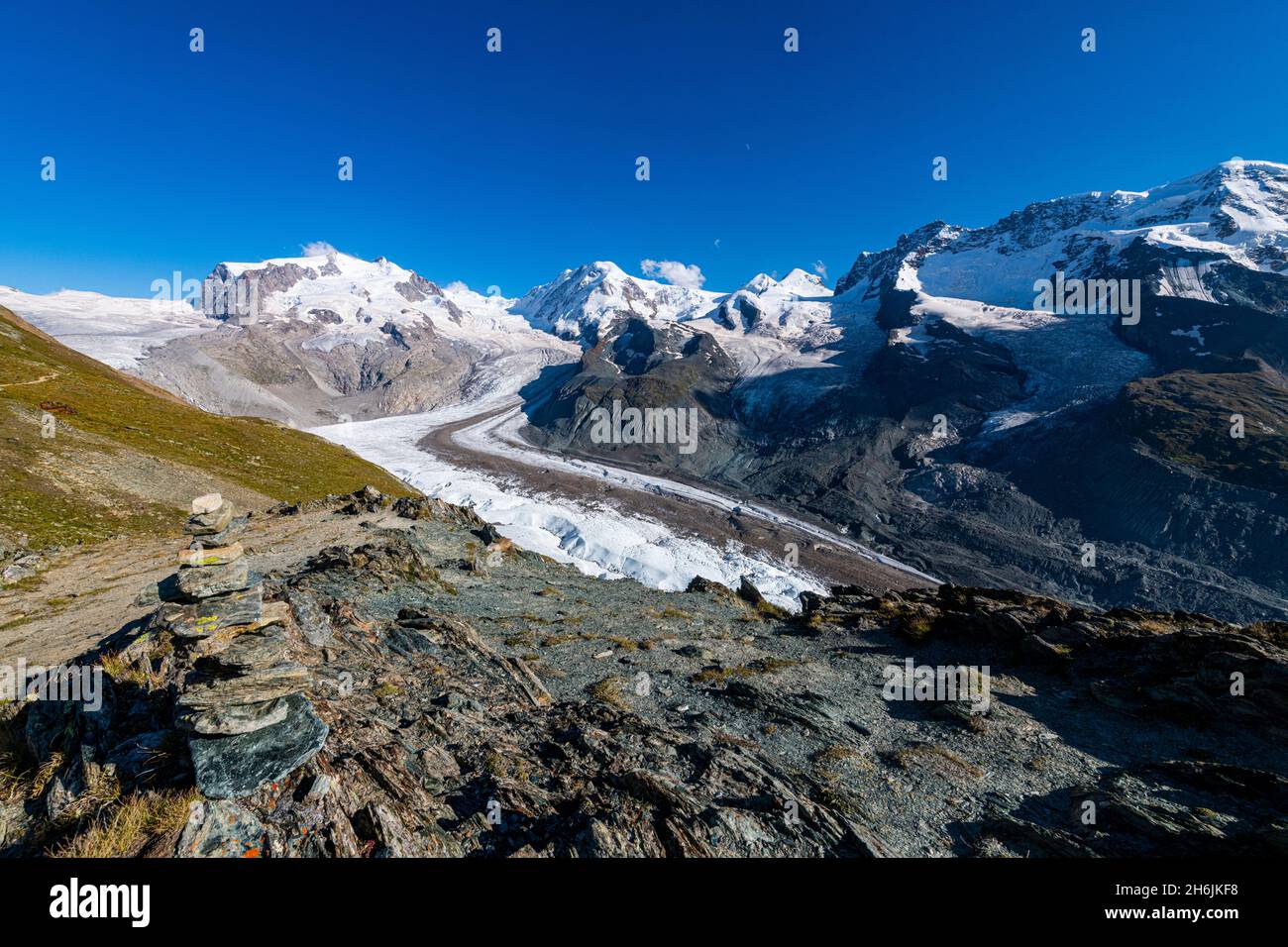 Mountains and Glacier on the Pennine Alps, Gornergrat, Zermatt, Valais, Switzerland, Europe Stock Photo